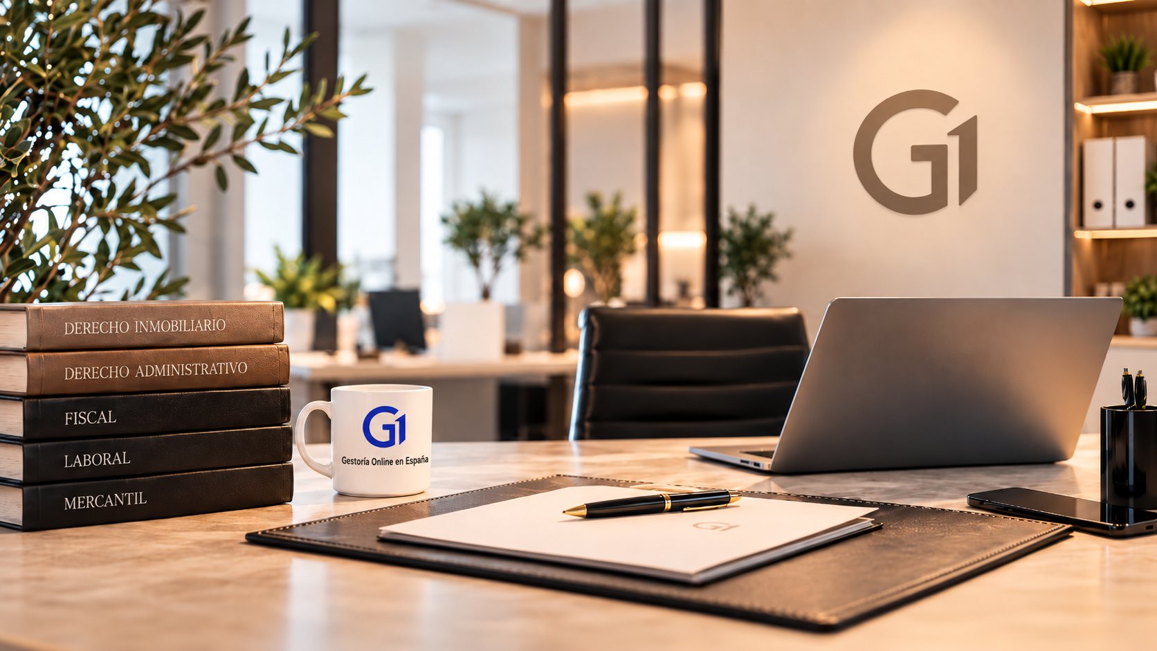 Despacho de G1 Gestoría Online en España con libros de derecho, portátil y logotipo G1